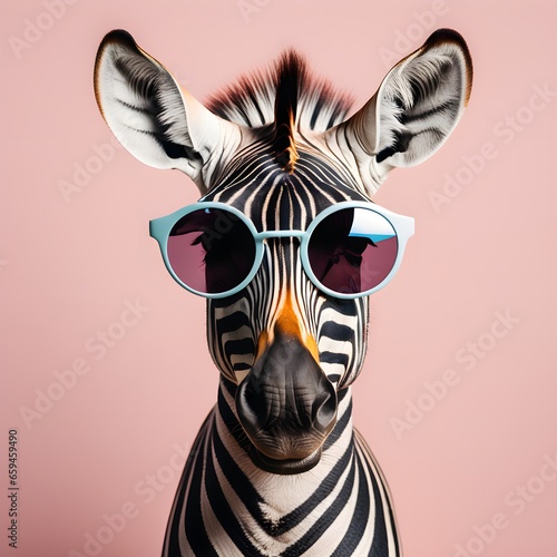 Zebra in sunglass shade on a solid uniform background, editorial advertisement, commercial. Creative animal concept. With copy space for your advertisement