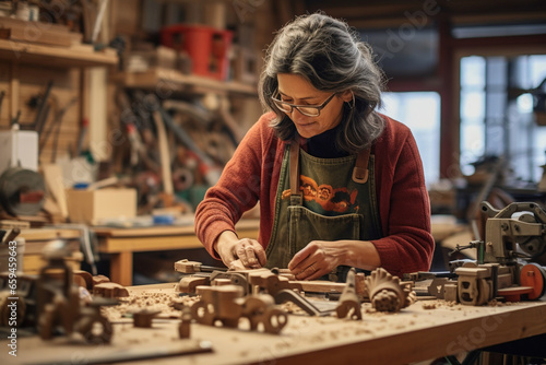 In a workshop filled with woodworking tools, a woman sands and polishes a handcrafted wooden toy, destined to become a cherished Christmas gift. 