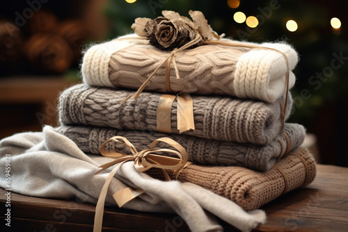 A woman wraps a collection of hand-knit, cozy blankets in rustic, burlap ribbon, ready to bring warmth and comfort to loved ones during the holiday season. 