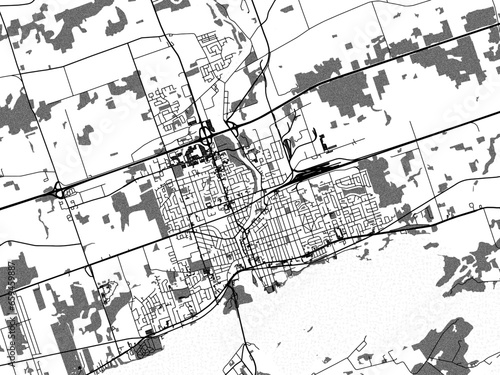 Greyscale vector city map of  Belleville Ontario in Canada with with water, fields and parks, and roads on a white background.