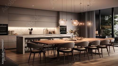 3D Rendering Showcasing a Dining Area in a Modern Kitchen within a Lavish Apartment.