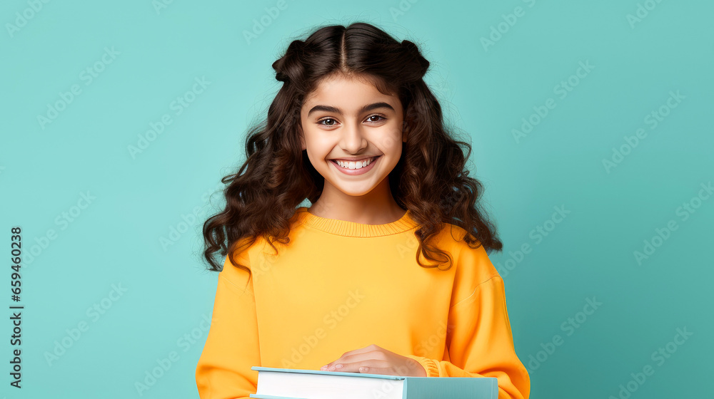 Fototapeta premium Happy schoolgirl around 15 years old holding books, minimal background, educational concept 