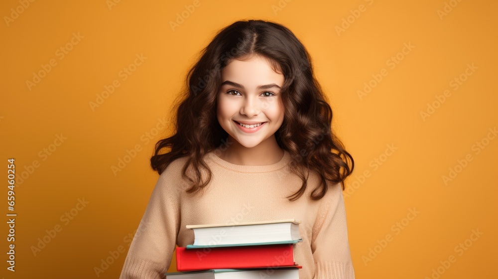 Happy schoolgirl around 15 years old holding books, minimal background, educational concept Happy schoolgirl around 15 years old holding books, minimal background, educational concept
