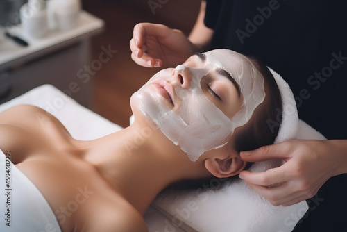 Beautician covering woman face skin with mask. Beauty concept.
