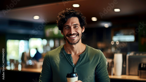 Handsome man holding coffee cup in coffee shop