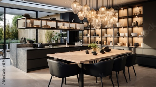 A contemporary kitchen adorned with a striking chandelier and open shelving.