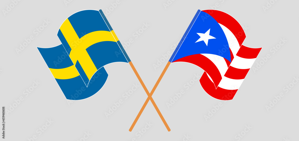 Crossed and waving flags of Sweden and Puerto Rico