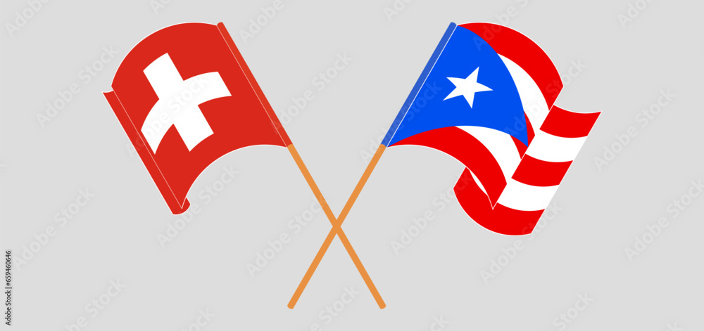Crossed and waving flags of Switzerland and Puerto Rico