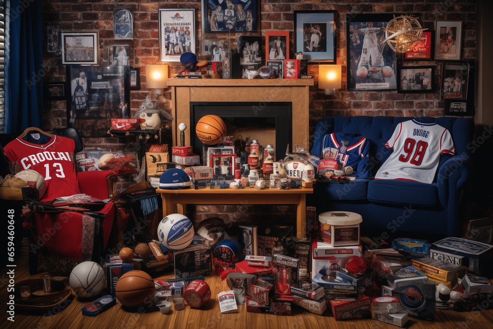 In a cozy den adorned with sports memorabilia, a man assembles a collection of tickets and merchandise, creating a sports-themed gift basket for a dedicated fan.  - obrazy, fototapety, plakaty 