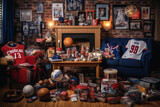 In a cozy den adorned with sports memorabilia, a man assembles a collection of tickets and merchandise, creating a sports-themed gift basket for a dedicated fan. 