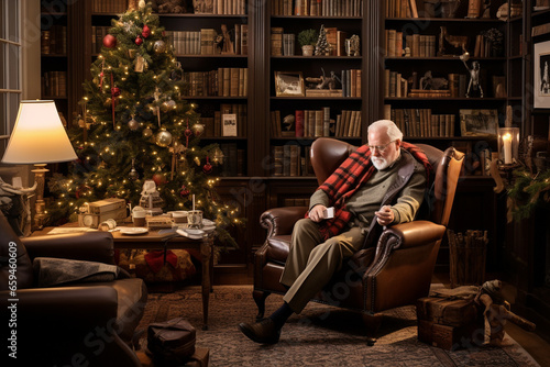 In a cozy study adorned with leather armchairs and bookshelves, a man carefully selects a collection of rare books to be wrapped and gifted during the holiday season. 