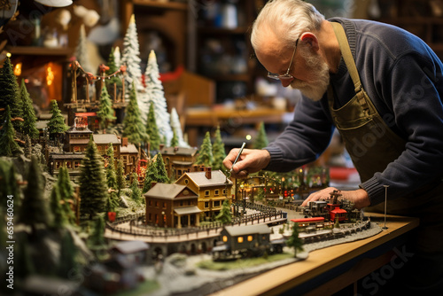 In a room filled with the hum of machinery, a man carefully assembles a vintage model train set, complete with intricate landscapes, as a special Christmas gift.  photo