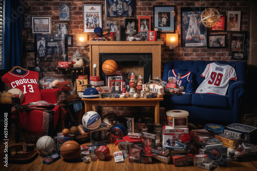 In a cozy den adorned with sports memorabilia, a man assembles a collection of tickets and merchandise, creating a sports-themed gift basket for a dedicated fan.  photo