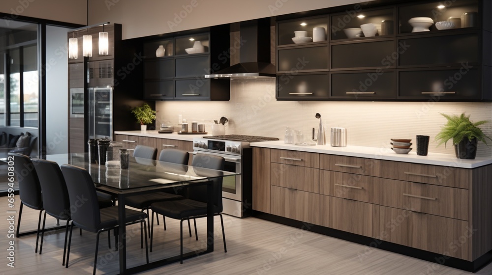 A contemporary kitchen featuring a sleek glass backsplash and sophisticated black appliances.