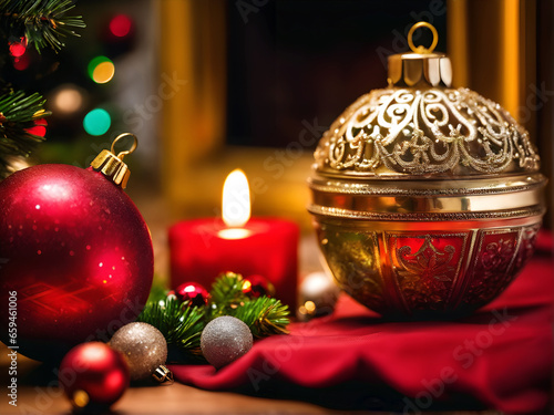 christmas background, different holiday decoration, bokeh, candles and Christmas tree balls