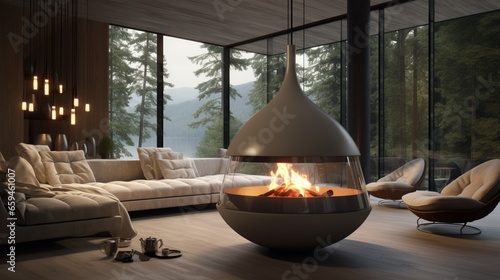 A contemporary lounge with a suspended fireplace and plush, stylish seating.