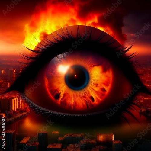 A giant eye among explosions in the city.