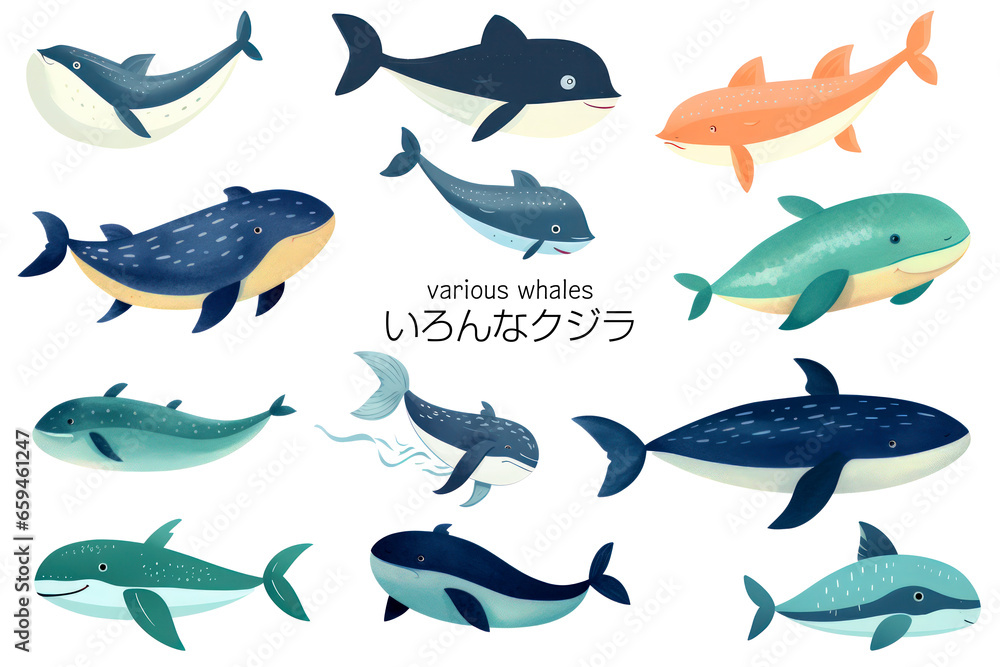 Fototapeta premium A collection of illustrations of various whales. Generative AI