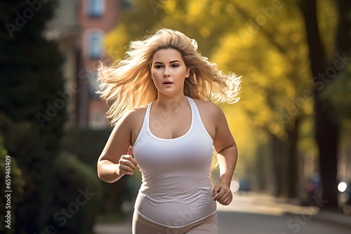 Overweight woman jogging in park. Weight loss for good health.