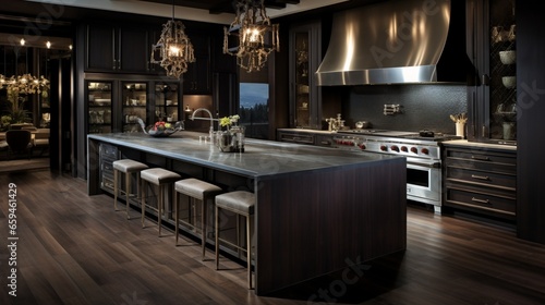 A designer kitchen characterized by a blend of dark wood and metallic accents.