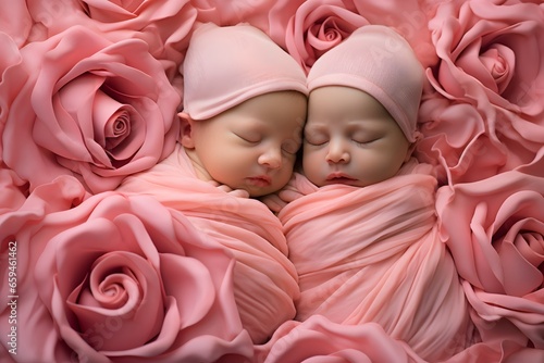 Twin newborn baby girls sleeping on pink rose fabric background.