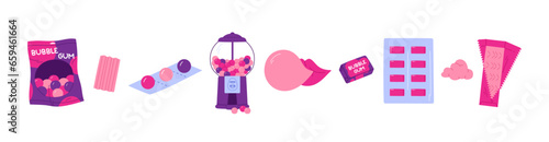 Bubblegum types set. Various sweet chewing candy. Oral hygiene concept. Chewing gum collection. Vector illustration in cartoon style. Isolated background	