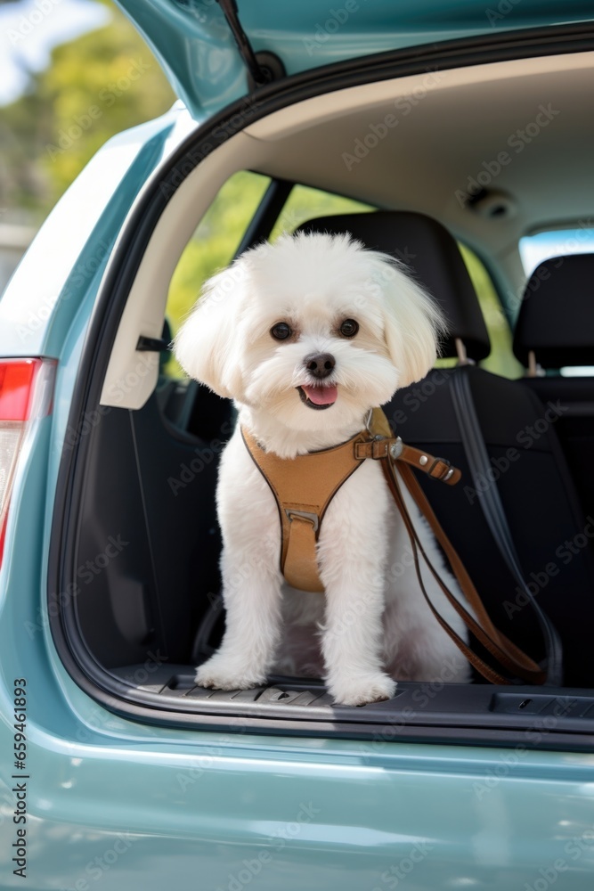 mini cute maltese bichon dog sitting at back of car ready for travel mini cute maltese bichon dog sitting at back of car ready for travel