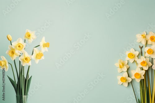 Minimal light green spring background with daffodils © Alicia