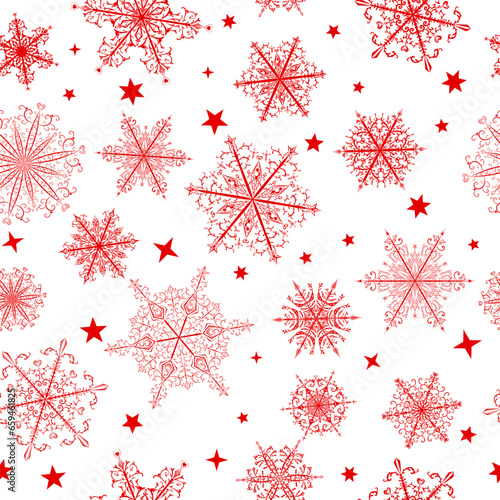 Christmas seamless pattern of beautiful complex red snowflakes on white background. Winter illustration with falling snow