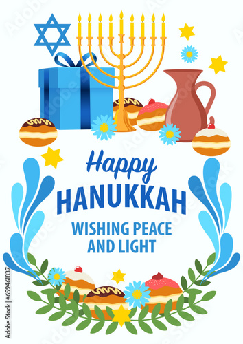 Vector illustration of Hanukkah decorative symbols and graphics for banner or greeting card