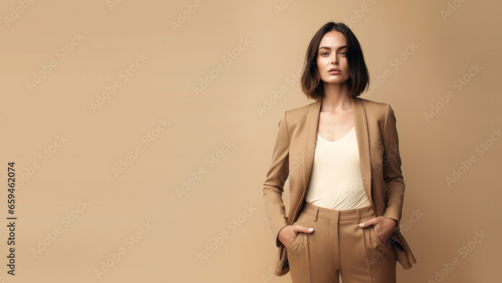 A young brunette woman in beige clothes stands against a solid beige background. Studio. Isolated beige background. A young brunette woman in beige clothes stands against a solid beige background. Studio. Isolated beige background.