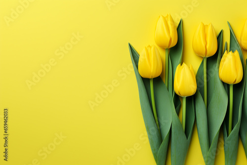 Minimal yellow spring background with yellow tulips #659462033