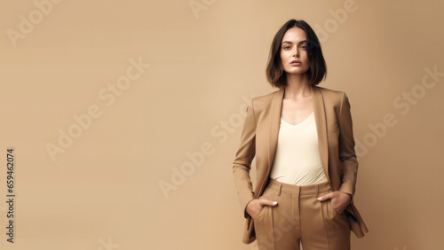 A young brunette woman in beige clothes stands against a solid beige background. Studio. Isolated beige background.