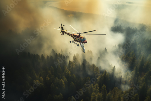 Tablou canvas Fire fighting helicopter leaves water to the forest