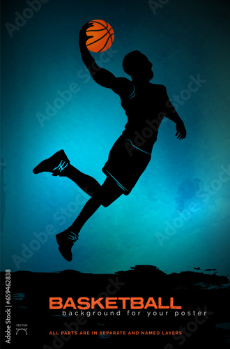 Basketball background with abstract silhouette of jumping player