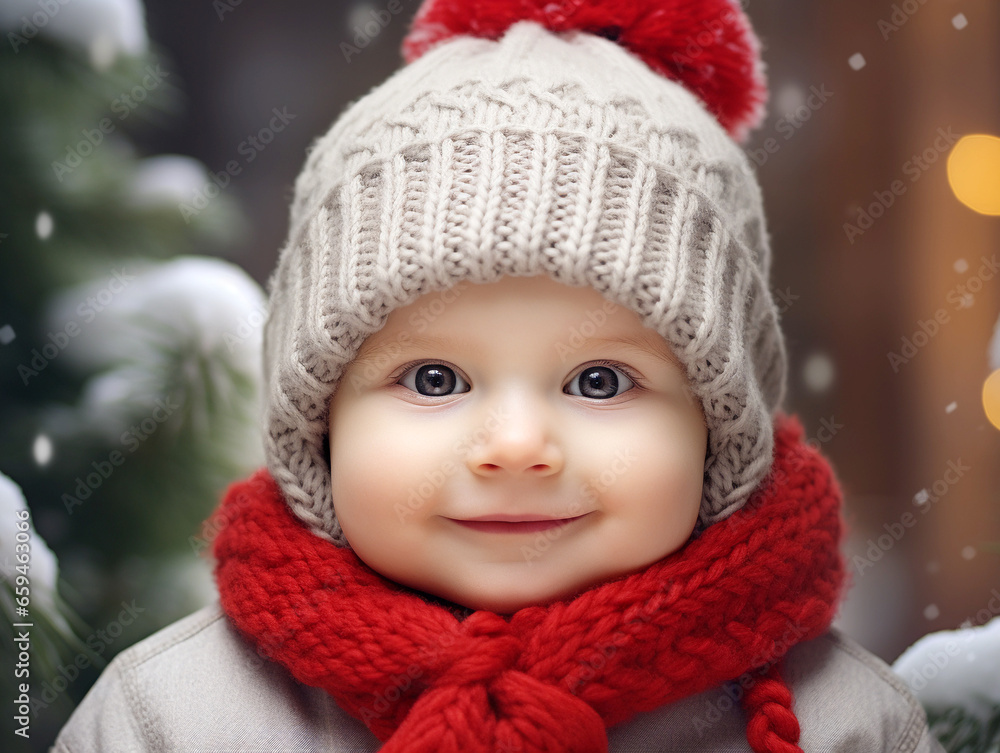 Adorable baby in white and red knitted hat and red scarf smiling for christmas portrait Adorable baby in white and red knitted hat and red scarf smiling for christmas portrait