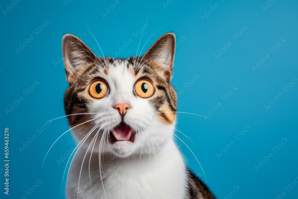 Portrait of cat with funny surprised expression on its face on blue background