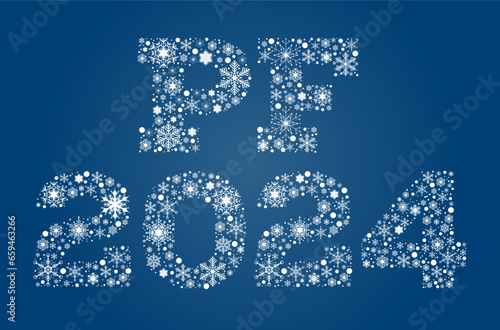 Inscription PF 2024 from white snowflakes on blue background