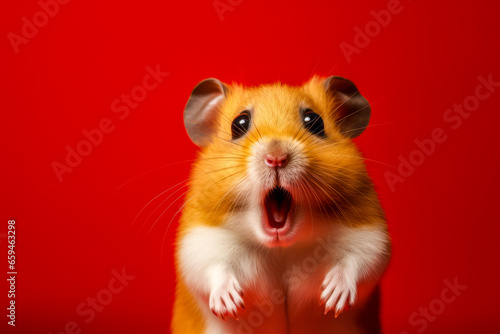 Portrait of hamster with funny surprised expression on its face on red background photo