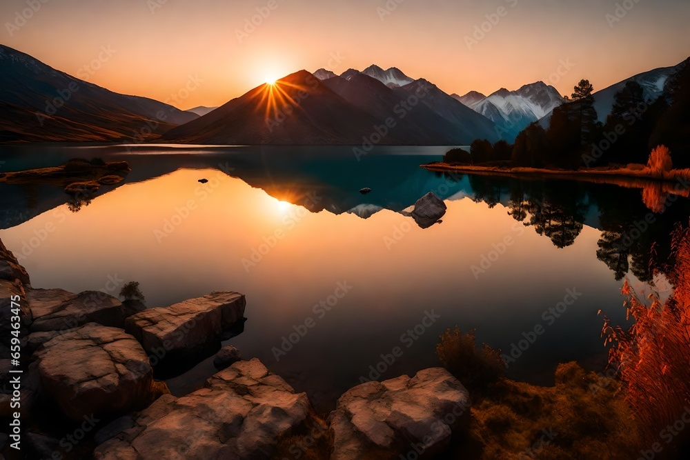 sunset over the lake and mountain
