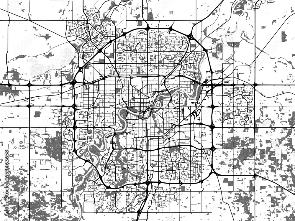 Greyscale vector city map of  Edmonton Alberta in Canada with with water, fields and parks, and roads on a white background.