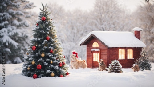 Fantastic winter landscape with glowing wooden cabin in snowy forest. Christmas holiday concept. Generative Ai