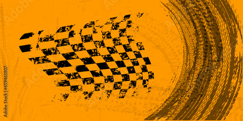 Orange grungy background with black abstract tire tracks and chess flag