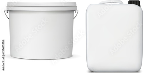 Mock-up of white plastic bucket and canister for water, paints, building materials, chemicals etc.