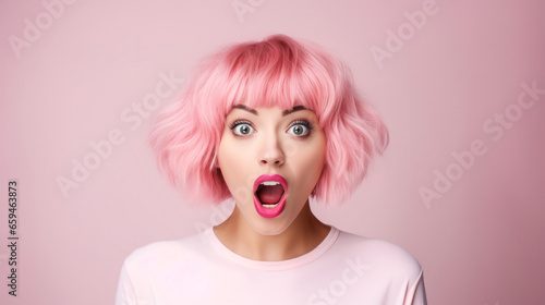 Portrait of young woman with funny surprised expression on her face photo