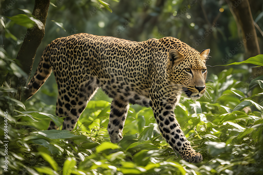 Obraz premium A leopard emerges from the embrace of dawn, its spotted coat glowing in the gentle, golden light, evoking the wild beauty of nature.