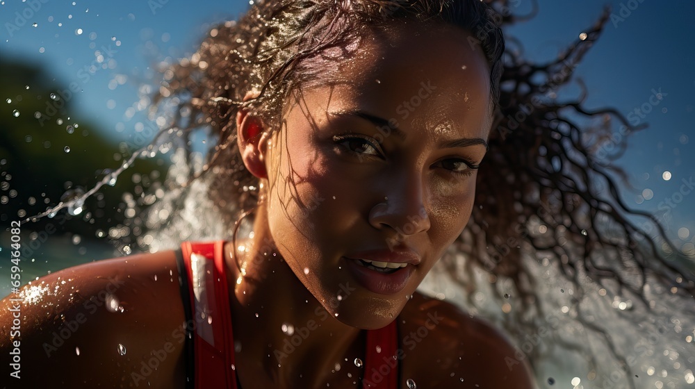 Obraz premium Olive Oasis. Toned Caucasian Beauty in Red Bikini