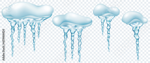 Set of snowdrifts with translucent gray realistic icicles of different lengths, isolated on transparent background. Transparency only in vector format