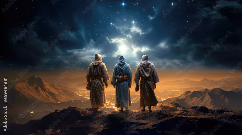 The Three Wise Men carry gifts through the desert guided by the stars. Christmas concept. - obrazy, fototapety, plakaty 