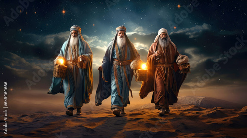 The Three Wise Men carry gifts through the desert guided by the stars. Christmas concept. photo